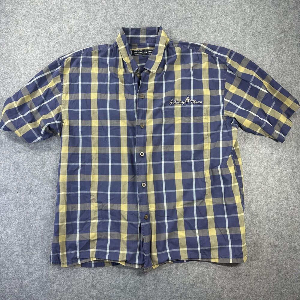 Johnny Blaze Shirt Mens Large Blue Plaid Short Sleeve Button Up Embroidered